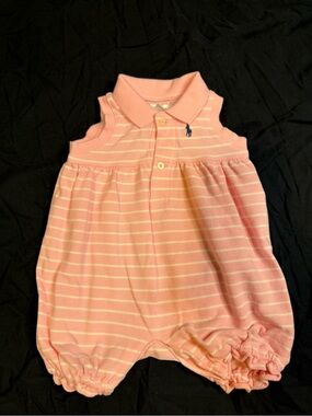 Ralph Lauren Pink & White Striped Polo Baby Romper
